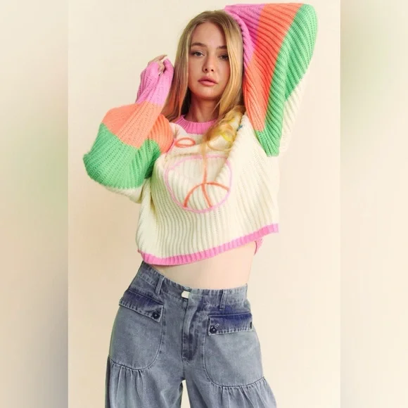 Multicolor Striped Peace Sign Balloon Sleeve Sweater - Davi & Dani - Picture 3 of 8